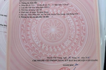 Cần bán lô góc 73,6m2 đất Nhân Nội, Tân Tiến, Văn Giang, đường 4m oto vào tận đất