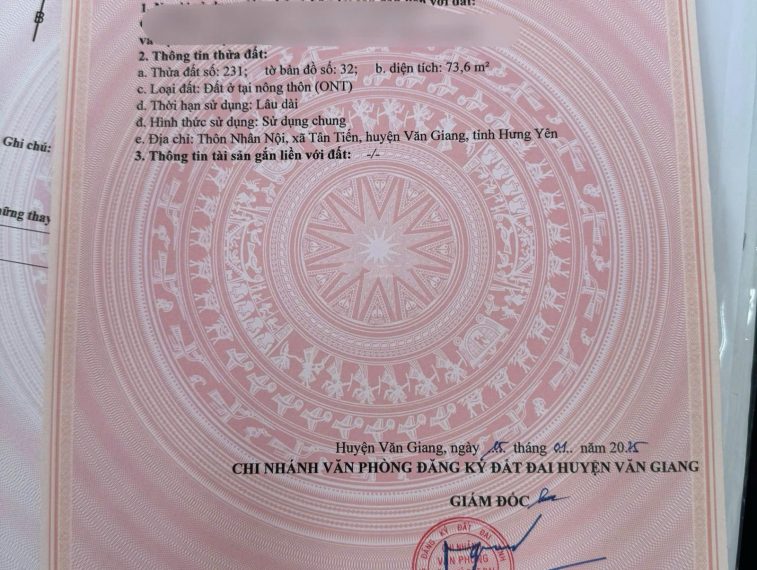 Cần bán lô góc 73,6m2 đất Nhân Nội, Tân Tiến, Văn Giang, đường 4m oto vào tận đất
